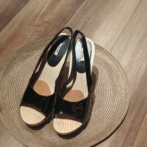 Miu Miu Black Patent Slingback Wedge Sandals
